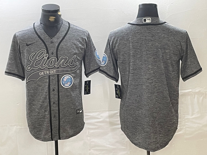 Men's Detroit Lions Team Big Logo Grey Cool Base Stitched Baseball Jersey Men's Detroit Lions Team Big Logo Grey Cool Base Stitched Baseball Jersey