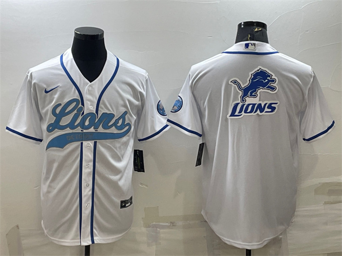 Men's Detroit Lions White Team Big Logo With Patch Cool Base Stitched Baseball Jersey Men's Detroit Lions White Team Big Logo With Patch Cool Base Stitched Baseball Jersey