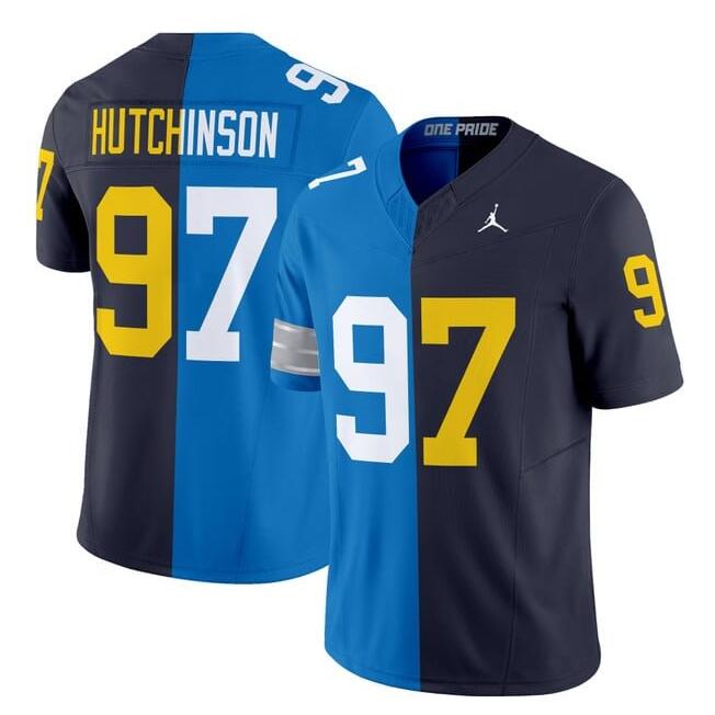 Men's Detroit Lions X Wolverines #97 Aidan Hutchinson Blue Navy Split F.U.S.E. Vapor Limited Stitched Jersey Men's Detroit Lions X Wolverines #97 Aidan Hutchinson Blue Navy Split F.U.S.E. Vapor Limited Stitched Jersey