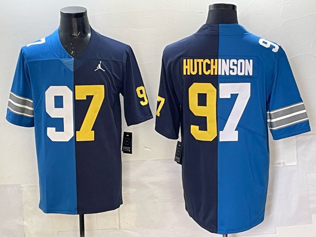 Men's Detroit Lions X Wolverines #97 Aidan Hutchinson Blue Navy Split Vapor Limited Stitched Jersey Men's Detroit Lions X Wolverines #97 Aidan Hutchinson Blue Navy Split Vapor Limited Stitched Jersey