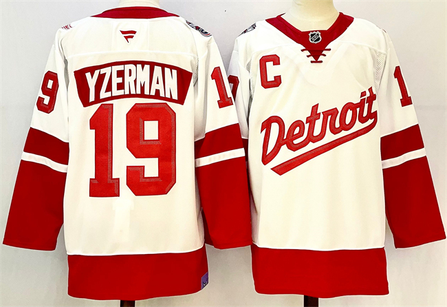 Men's Detroit Red Wings #19 Steve Yzerman White Red 2024-25 With C Patch Stitched Jersey Men's Detroit Red Wings #19 Steve Yzerman White Red 2024-25 With C Patch Stitched Jersey