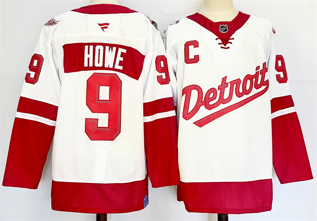 Men's Detroit Red Wings #9 Gordie Howe White Red 2024-25 With C Patch Stitched Jersey Men's Detroit Red Wings #9 Gordie Howe White Red 2024-25 With C Patch Stitched Jersey