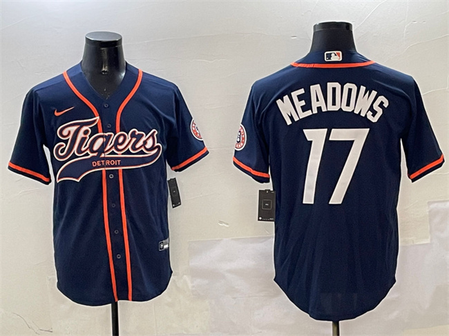 Men's Detroit Tigers #17 Parker Meadows Navy With Patch Cool Base Stitched Baseball Jersey