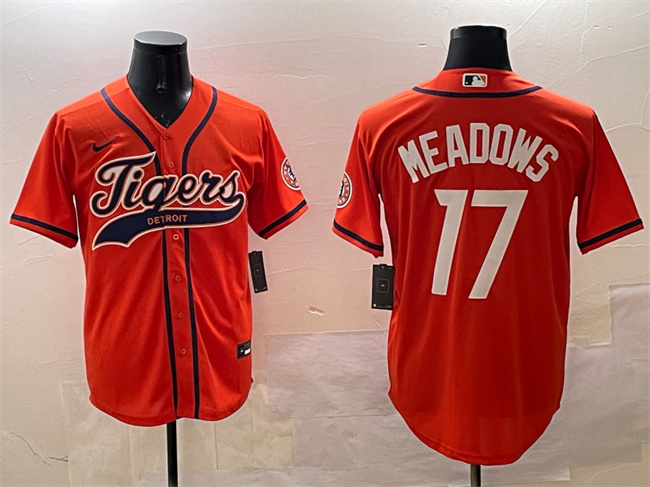 Men's Detroit Tigers #17 Parker Meadows Orange With Patch Cool Base Stitched Baseball Jersey