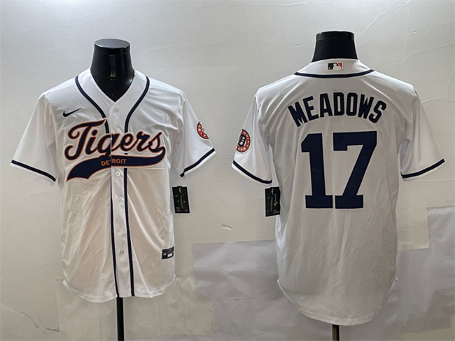 Men's Detroit Tigers #17 Parker Meadows White With Patch Cool Base Stitched Baseball Jersey Men's Detroit Tigers #17 Parker Meadows White With Patch Cool Base Stitched Baseball Jersey