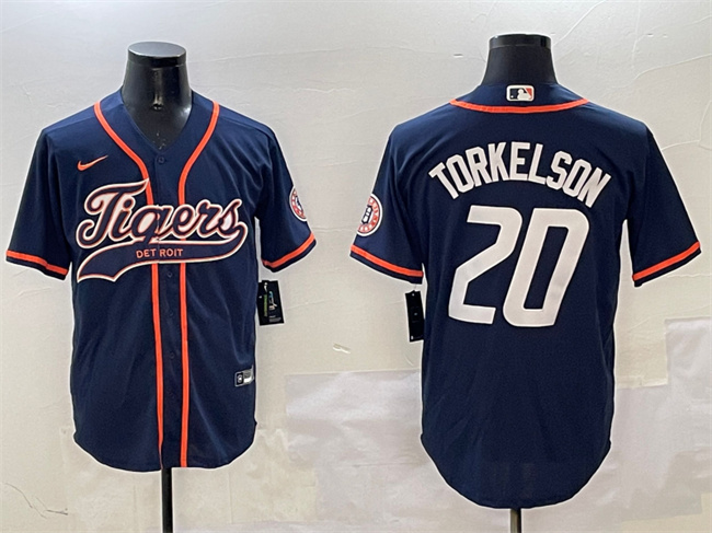 Men's Detroit Tigers #20 Spencer Torkelson Navy With Patch Cool Base Stitched Baseball Jersey Men's Detroit Tigers #20 Spencer Torkelson Navy With Patch Cool Base Stitched Baseball Jersey