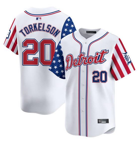 Men's Detroit Tigers #20 Spencer Torkelson White 2025 Independence Day Vapor Premier Limited Stitched Baseball Jersey Men's Detroit Tigers #20 Spencer Torkelson White 2025 Independence Day Vapor Premier Limited Stitched Baseball Jersey