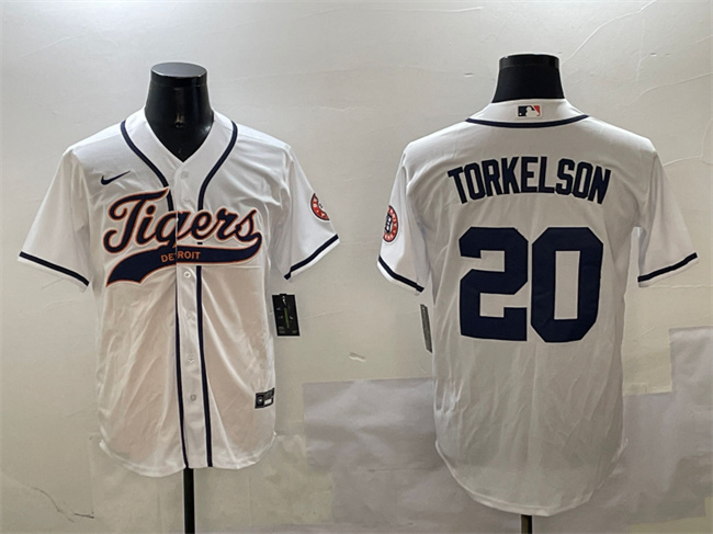 Men's Detroit Tigers #20 Spencer Torkelson White With Patch Cool Base Stitched Baseball Jersey Men's Detroit Tigers #20 Spencer Torkelson White With Patch Cool Base Stitched Baseball Jersey