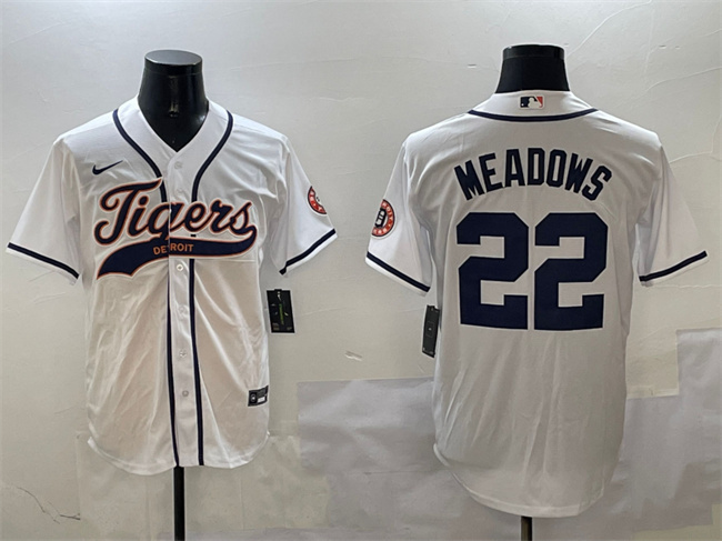 Men's Detroit Tigers #22 Parker Meadows White With Patch Cool Base Stitched Baseball Jersey Men's Detroit Tigers #22 Parker Meadows White With Patch Cool Base Stitched Baseball Jersey
