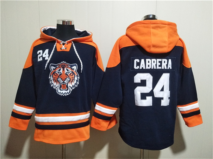 Men's Detroit Tigers #24 Miguel Cabrera Navy Orange Lace-Up Pullover Hoodie Men's Detroit Tigers #24 Miguel Cabrera Navy Orange Lace-Up Pullover Hoodie