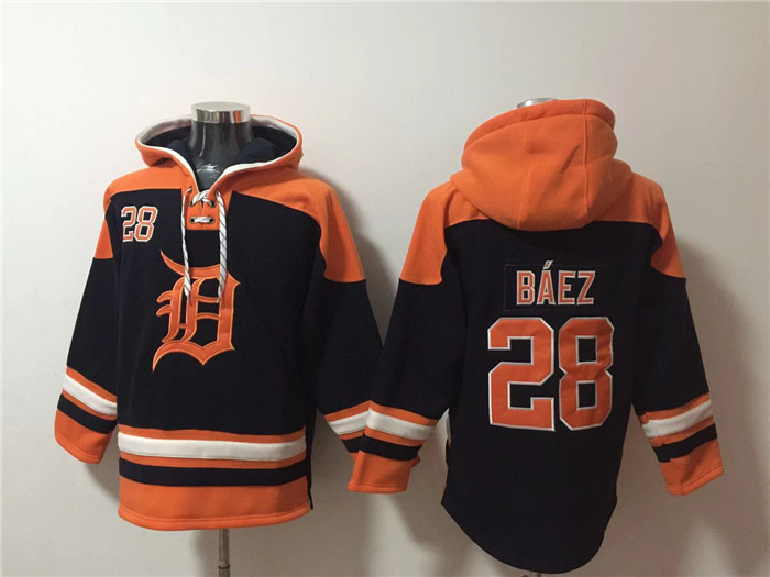 Men's Detroit Tigers #28 Javier Báez Black Orange Lace-Up Pullover Hoodie Men's Detroit Tigers #28 Javier Báez Black Orange Lace-Up Pullover Hoodie