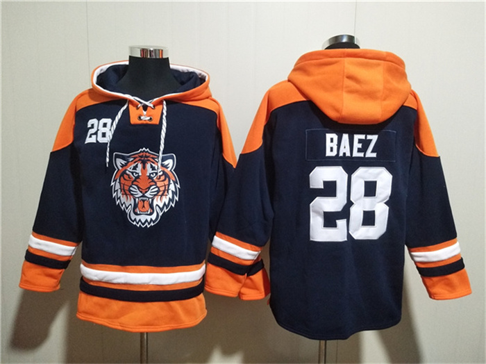 Men's Detroit Tigers #28 Javier Báez Navy Lace-Up Pullover Hoodie Men's Detroit Tigers #28 Javier Báez Navy Lace-Up Pullover Hoodie