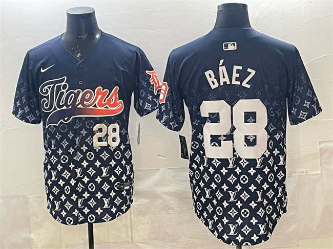 Men's Detroit Tigers #28 Javier Báez Navy With Patch Vapor Premier Limited Stitched Baseball Jersey Men's Detroit Tigers #28 Javier Báez Navy With Patch Vapor Premier Limited Stitched Baseball Jersey