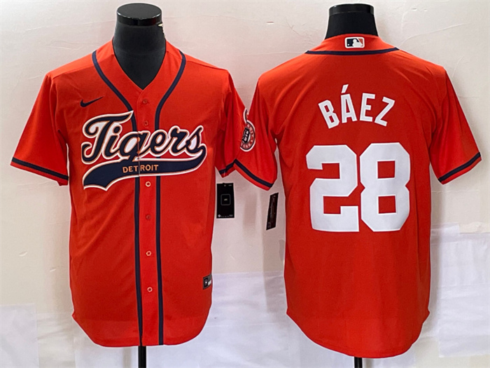 Men's Detroit Tigers #28 Javier Báez Orange Cool Base Stitched Baseball Jersey Men's Detroit Tigers #28 Javier Báez Orange Cool Base Stitched Baseball Jersey