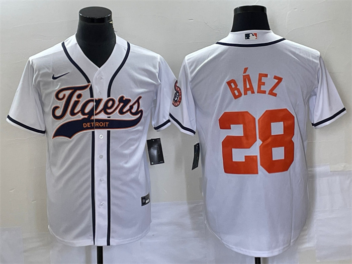 Men's Detroit Tigers #28 Javier Báez White Cool Base Stitched Baseball Jersey Men's Detroit Tigers #28 Javier Báez White Cool Base Stitched Baseball Jersey