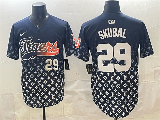 Men's Detroit Tigers #29 Tarik Skubal Navy With Patch Vapor Premier Limited Stitched Baseball Jersey Men's Detroit Tigers #29 Tarik Skubal Navy With Patch Vapor Premier Limited Stitched Baseball Jersey