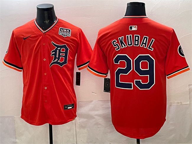 Men's Detroit Tigers #29 Tarik Skubal Orange 2026 Alternate USA 250' Patch Vapor Premier Limited Stitched Baseball Jersey Men's Detroit Tigers #29 Tarik Skubal Orange 2026 Alternate USA 250' Patch Vapor Premier Limited Stitched Baseball Jersey