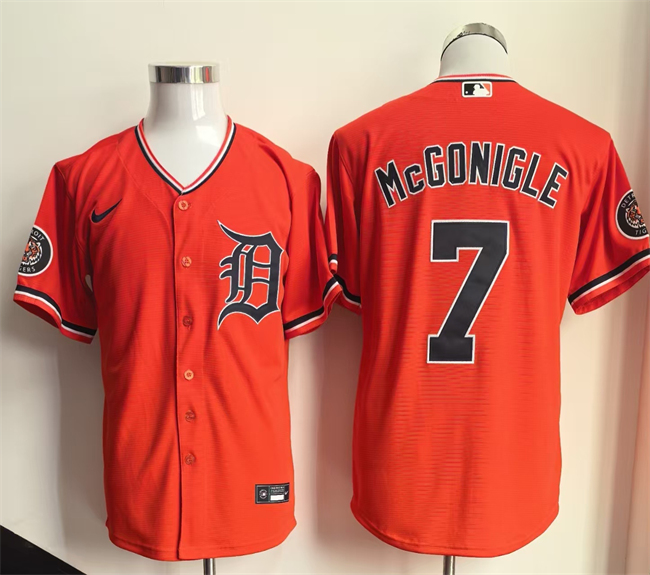 Men's Detroit Tigers #7 Kevin McGonigle Orange Cool Base Stitched Baseball Jersey Men's Detroit Tigers #7 Kevin McGonigle Orange Cool Base Stitched Baseball Jersey