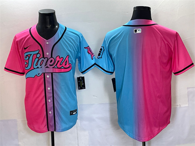 Men's Detroit Tigers Blank Pink Blue Limited Stitched Baseball Jersey Men's Detroit Tigers Blank Pink Blue Limited Stitched Baseball Jersey