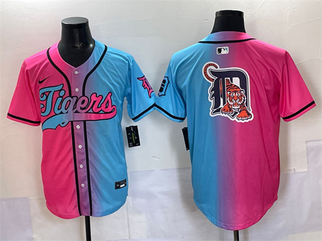 Men's Detroit Tigers Team Big Logo Pink Blue Limited Stitched Baseball Jersey Men's Detroit Tigers Team Big Logo Pink Blue Limited Stitched Baseball Jersey