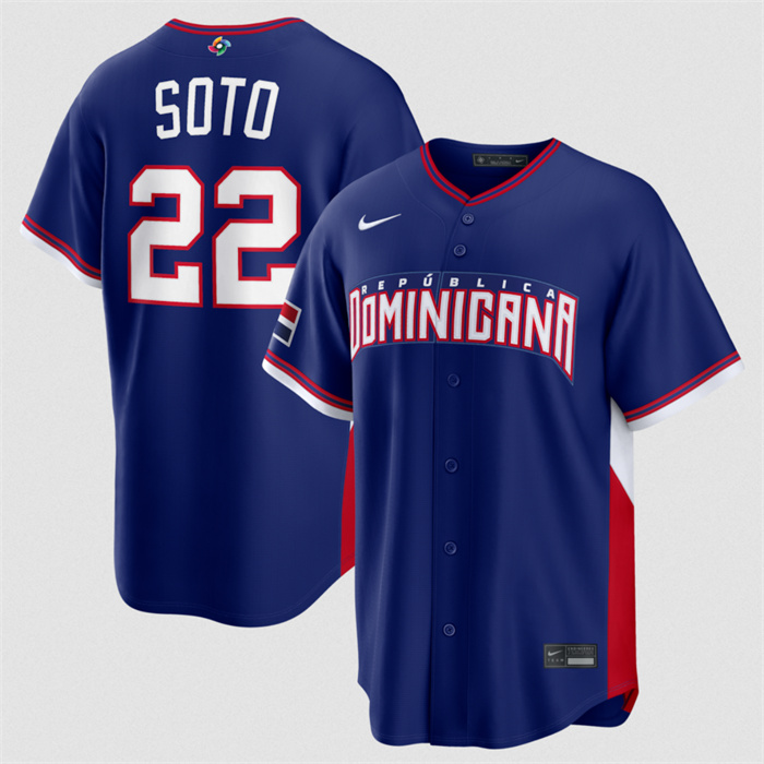 Men's Dominican Republic Baseball #22 Juan Soto Navy 2026 World Baseball Classic Road Stadium Stitched Jersey