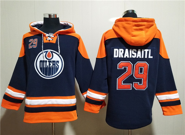 Men's Edmonton Oilers #29 Leon Draisaitl Navy Lace-Up Pullover Hoodie Men's Edmonton Oilers #29 Leon Draisaitl Navy Lace-Up Pullover Hoodie