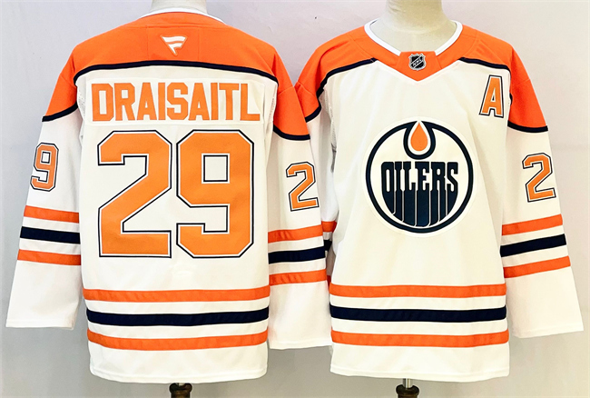 Men's Edmonton Oilers #29 Leon Draisaitl White Orange 2024-25 With A Patch Stitched Jersey Men's Edmonton Oilers #29 Leon Draisaitl White Orange 2024-25 With A Patch Stitched Jersey