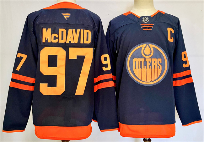 Men's Edmonton Oilers #97 Connor McDavid Navy 2024-25 C Patch Stitched Jersey Men's Edmonton Oilers #97 Connor McDavid Navy 2024-25 C Patch Stitched Jersey