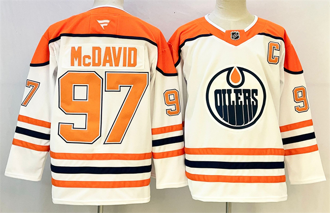 Men's Edmonton Oilers #97 Connor McDavid White Orange 2024-25 With C Patch Heritage Classic Primegreen Stitched Jersey Men's Edmonton Oilers #97 Connor McDavid White Orange 2024-25 With C Patch Heritage Classic Primegreen Stitched Jersey