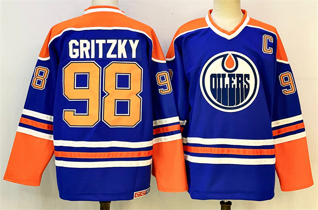 Men's Edmonton Oilers #98 Wayne Gretzky Royal 2025 With C Patch Stitched Hockey Jersey Men's Edmonton Oilers #98 Wayne Gretzky Royal 2025 With C Patch Stitched Hockey Jersey