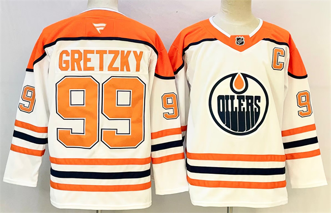 Men's Edmonton Oilers #99 Wayne Gretzky White Orange 2024-25 With C Patch Heritage Classic Primegreen Stitched Jersey Men's Edmonton Oilers #99 Wayne Gretzky White Orange 2024-25 With C Patch Heritage Classic Primegreen Stitched Jersey