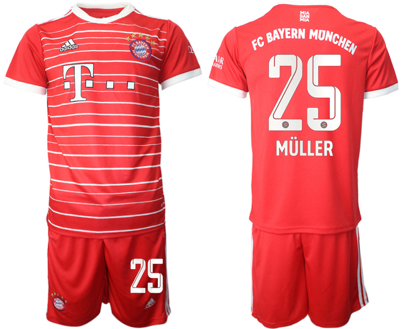 Men's FC Bayern München #25 Thomas Müller 22 23 Red Home Soccer Jersey Suit