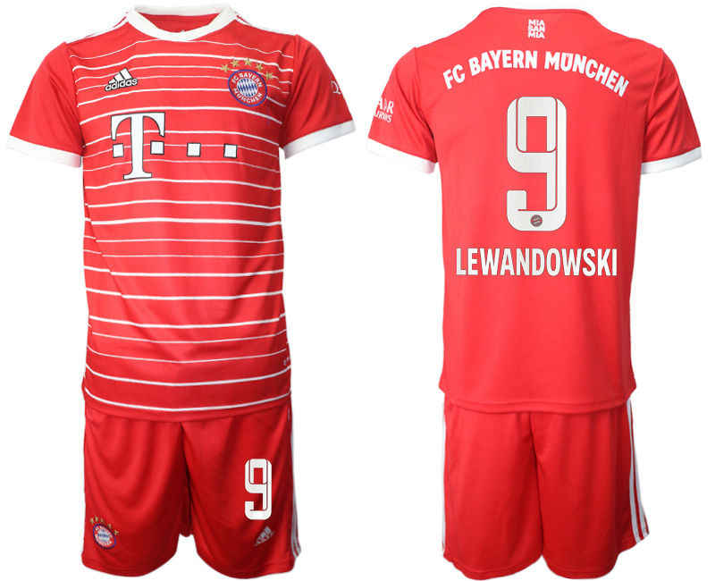 Men's FC Bayern München #9 Robert Lewandowski 22 23 Red Home Soccer Jersey Suit