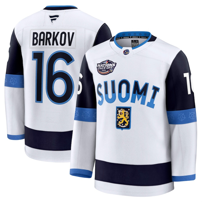 Men's Finland #16 Aleksander Barkov White 2025 4 Nations Face-Off Premium Stitched Jersey Men's Finland #16 Aleksander Barkov White 2025 4 Nations Face-Off Premium Stitched Jersey