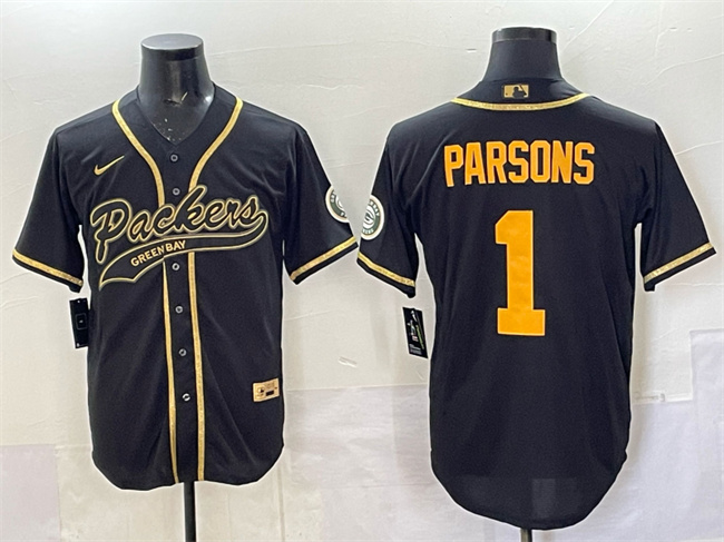 Men's Green Bay Packers #1 Micah Parsons Black Gold Cool Base Stitched Baseball Jersey Men's Green Bay Packers #1 Micah Parsons Black Gold Cool Base Stitched Baseball Jersey