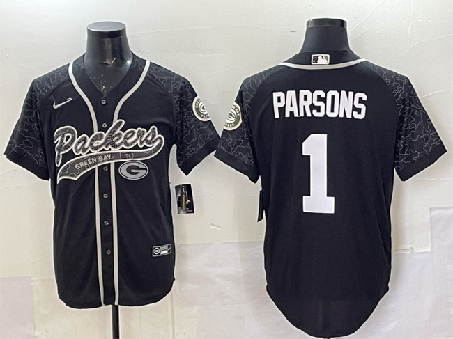 Men's Green Bay Packers #1 Micah Parsons Black Reflective With Patch Cool Base Stitched Baseball Jersey Men's Green Bay Packers #1 Micah Parsons Black Reflective With Patch Cool Base Stitched Baseball Jersey