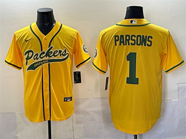 Men's Green Bay Packers #1 Micah Parsons Gold Cool Base Stitched Baseball Jersey Men's Green Bay Packers #1 Micah Parsons Gold Cool Base Stitched Baseball Jersey