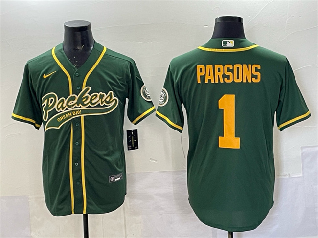 Men's Green Bay Packers #1 Micah Parsons Green Cool Base Stitched Baseball Jersey Men's Green Bay Packers #1 Micah Parsons Green Cool Base Stitched Baseball Jersey