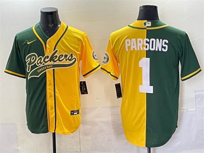 Men's Green Bay Packers #1 Micah Parsons Green Gold Split Cool Base Stitched Baseball Jersey Men's Green Bay Packers #1 Micah Parsons Green Gold Split Cool Base Stitched Baseball Jersey