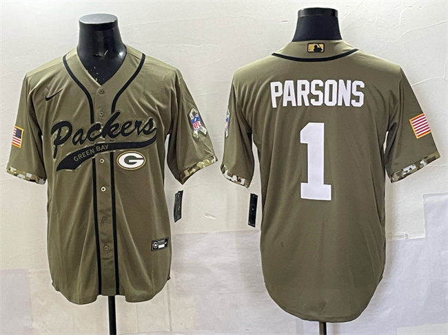Men's Green Bay Packers #1 Micah Parsons Olive Salute to Service Cool Base Stitched Baseball Jersey Men's Green Bay Packers #1 Micah Parsons Olive Salute to Service Cool Base Stitched Baseball Jersey