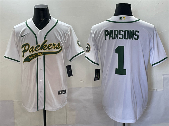 Men's Green Bay Packers #1 Micah Parsons White Cool Base Stitched Baseball Jersey Men's Green Bay Packers #1 Micah Parsons White Cool Base Stitched Baseball Jersey