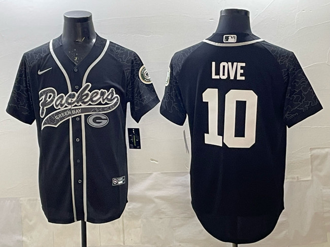 Men's Green Bay Packers #10 Jordan Love Black Reflective With Patch Cool Base Stitched Baseball Jersey Men's Green Bay Packers #10 Jordan Love Black Reflective With Patch Cool Base Stitched Baseball Jersey