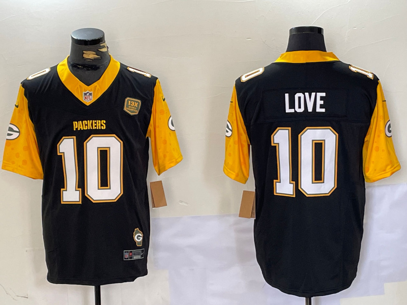 Men's Green Bay Packers #10 Jordan Love Black White Gold 2024 F.U.S.E. Home Patch Vapor Untouchable Limited Stitched Jersey1
