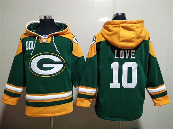 Men's Green Bay Packers #10 Jordan Love Green Lace-Up Pullover Hoodie Men's Green Bay Packers #10 Jordan Love Green Lace-Up Pullover Hoodie