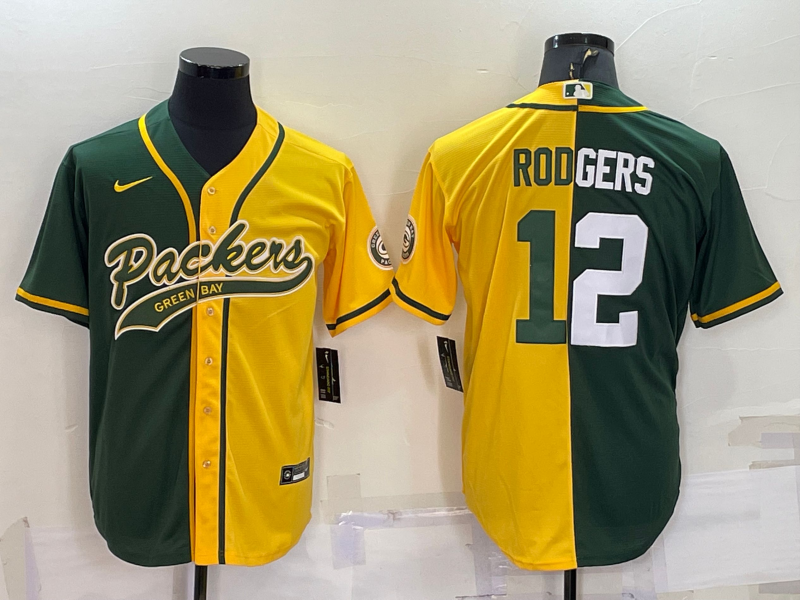 Men's Green Bay Packers #12 Aaron Rodgers Green Yellow Split With Patch Cool Base Stitched Baseball Jersey Men's Green Bay Packers #12 Aaron Rodgers Green Yellow Split With Patch Cool Base Stitched Baseball Jersey