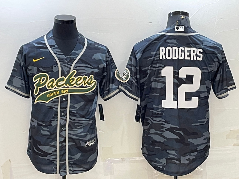 Men's Green Bay Packers #12 Aaron Rodgers Grey Camo With Patch Cool Base Stitched Baseball Jersey Men's Green Bay Packers #12 Aaron Rodgers Grey Camo With Patch Cool Base Stitched Baseball Jersey