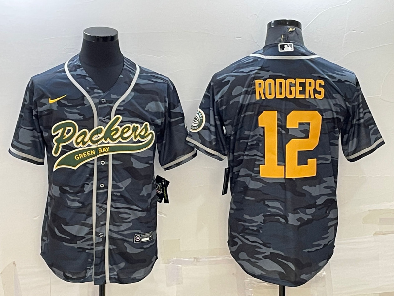 Men's Green Bay Packers #12 Aaron Rodgers Grey Gold Camo With Patch Cool Base Stitched Baseball Jersey Men's Green Bay Packers #12 Aaron Rodgers Grey Gold Camo With Patch Cool Base Stitched Baseball Jersey