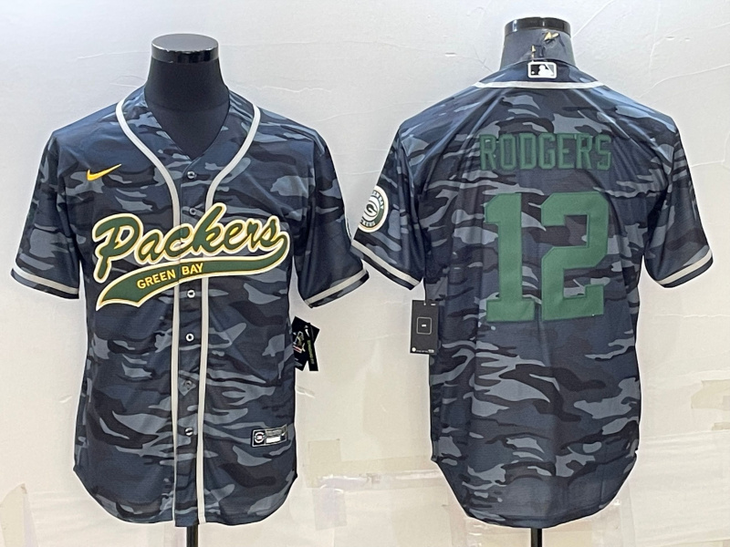 Men's Green Bay Packers #12 Aaron Rodgers Grey Green Camo With Patch Cool Base Stitched Baseball Jersey Men's Green Bay Packers #12 Aaron Rodgers Grey Green Camo With Patch Cool Base Stitched Baseball Jersey
