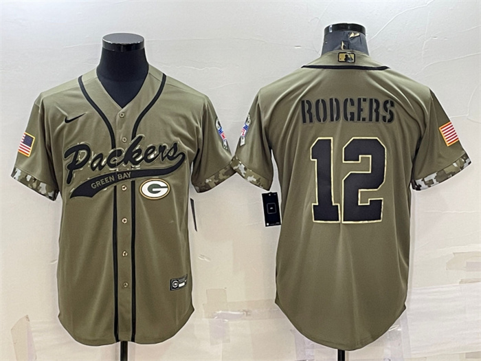 Men's Green Bay Packers #12 Aaron Rodgers Olive 2022 Salute To Service Cool Base Stitched Baseball Jersey Men's Green Bay Packers #12 Aaron Rodgers Olive 2022 Salute To Service Cool Base Stitched Baseball Jersey