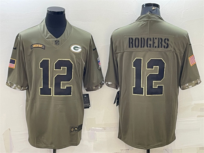 Men's Green Bay Packers #12 Aaron Rodgers Olive 2022 Salute To Service Limited Stitched Jersey